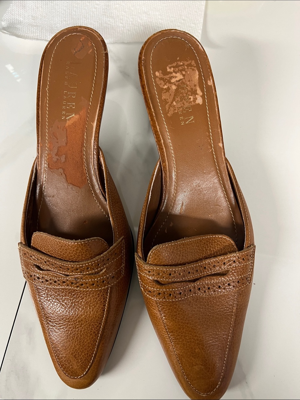 Ralph Lauren Cognac Leather Backless Loafers Mules
